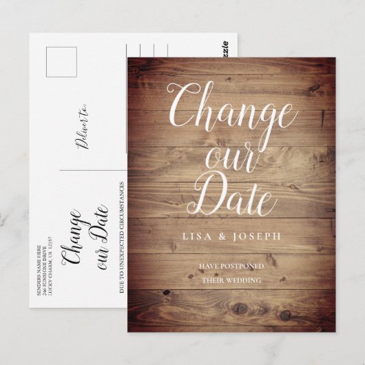 Script Wijzig de Datum Uitgesteld Rustiek Hout Briefkaart (Voorkant / Achterkant)