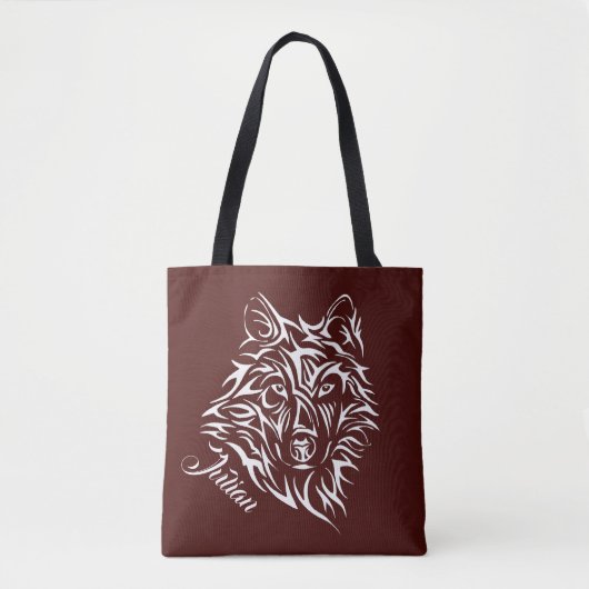 Script Witte Wolfskop op Bloedrode Persoonsnaam Draagtas (Voorkant)
