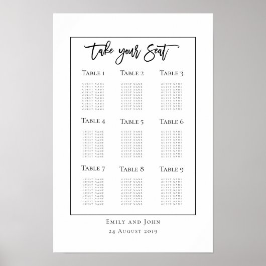 Script Zwarte Typografie/rand Zitplaats Plan Poster (Voorkant)
