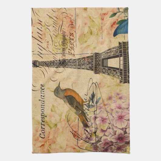 Scripts Hydrangea French Bird Paris Eiffel Tower Theedoek (Verticaal)