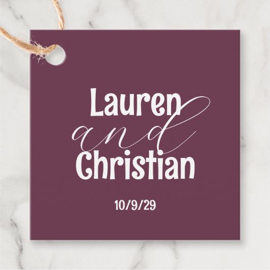 Scripts Plum Square Wedding Favor Labels (Voorkant)