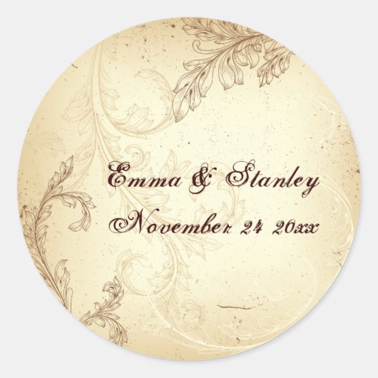  scroll blad bruin bruin bruiloft Save the Date Ronde Sticker (Voorkant)