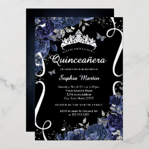 Scroll Bloem Vlinder Zwart Marine Quinceanera Folie Uitnodiging
