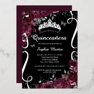 Scroll Bloemige Elegante Bourgondi Quinceanera Folie Uitnodiging