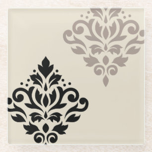 Scroll Damask Art I Black Taupe Cream Glazen Onderzetter