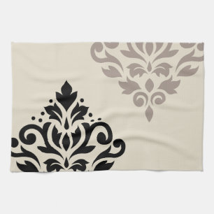 Scroll Damask Art I Black Taupe Cream Theedoek