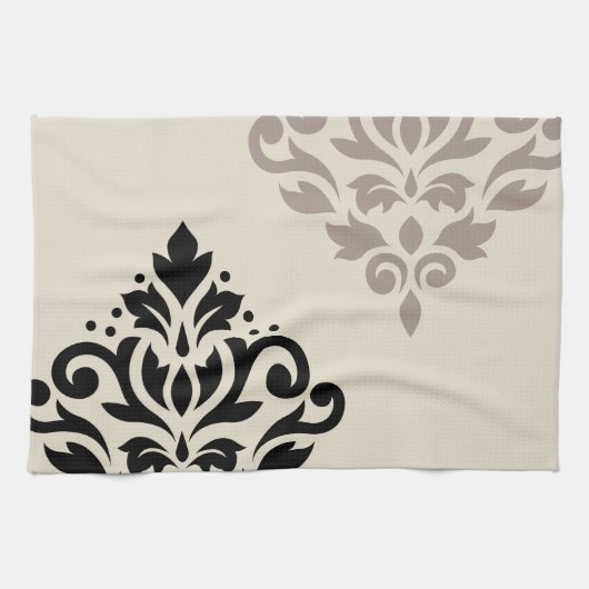Scroll Damask Art I Black Taupe Cream Theedoek (Horizontaal)