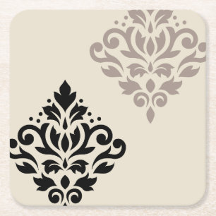 Scroll Damask Art I Black Taupe Cream Vierkante Kartonnen Onderzetter