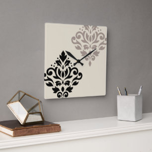 Scroll Damask Art I Black Taupe Cream Vierkante Klok