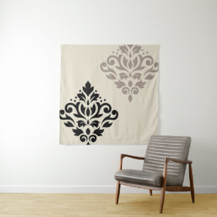 Scroll Damask Art I Black Taupe Cream Wandkleed