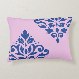 Scroll Damask Art I Blauw op Roze Accent Kussen