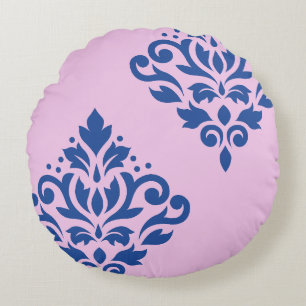 Scroll Damask Art I Blauw op Roze Rond Kussen