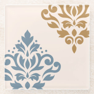 Scroll Damask Art I Blue Gold Cream Glazen Onderzetter