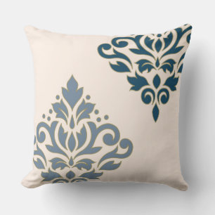 Scroll Damask Art I Blues Gold (lijn) Crème Kussen