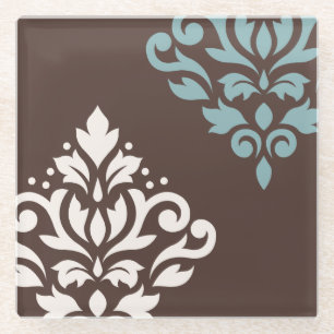 Scroll Damask Art I Cream Blauwgroen Bruin Glazen Onderzetter