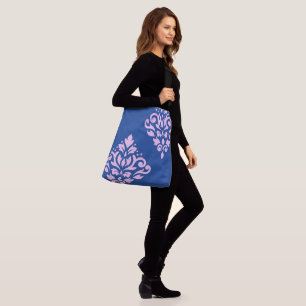 Scroll Damask Art I Pink op Blauw Crossbody Tas