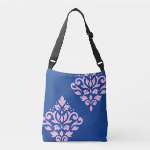 Scroll Damask Art I Pink op Blauw Crossbody Tas