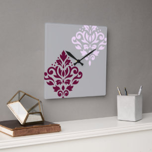 Scroll Damask Art I Plum Pink Grey Vierkante Klok