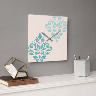 Scroll Damask Art I Teals op Cream Vierkante Klok