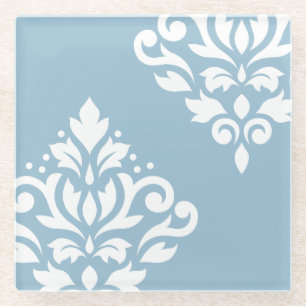 Scroll Damask Art I White op Lichtblauw Glazen Onderzetter