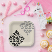 Scroll Damask Art I Zwart Grijs Crème Papieren Bordje (Feest)