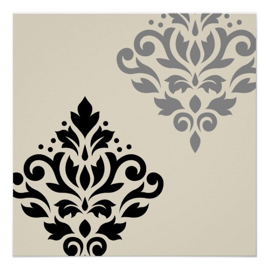 Scroll Damask Art I Zwart Grijs Crème Perfect Poster (Voorkant)