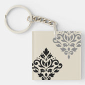 Scroll Damask Art I Zwart Grijs Crème Sleutelhanger (Voorkant)
