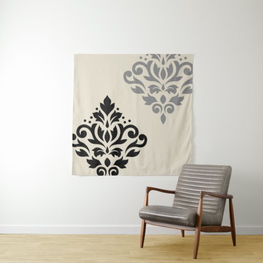 Scroll Damask Art I Zwart Grijs Crème Wandkleed (In situ)