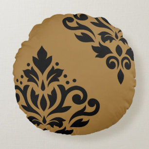Scroll Damask Art I Zwart op Goud Rond Kussen