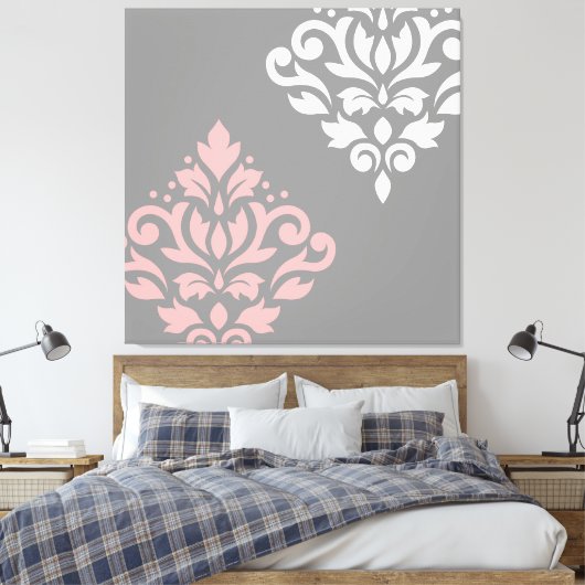 Scroll Damask Art in roze wit grijs Canvas Afdruk (Insitu (Slaapkamer))