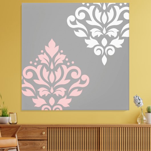 Scroll Damask Art in roze wit grijs Canvas Afdruk (Insitu (Woonkamer))
