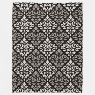 Scroll Damask Big Pattern Taupe Cream Black Fleece Deken