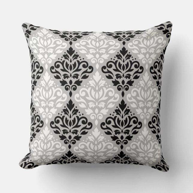 Scroll Damask Big Ptn B&W op grijs Kussen (Voorkant)