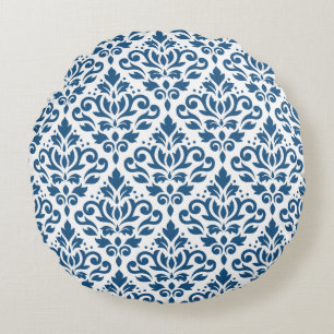 Scroll Damask Big Ptn DK Blauw op Wit Rond Kussen