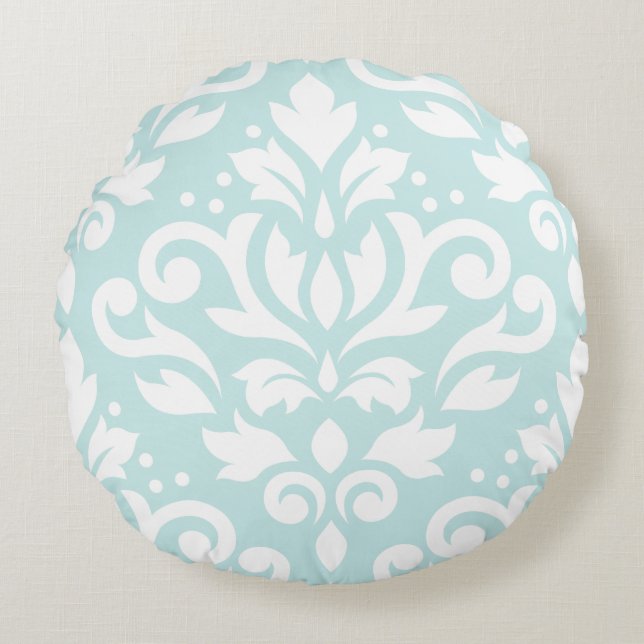 Scroll Damask Design White op Duck Egg Blue Rond Kussen (Voorkant)
