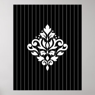 Scroll Damask Design White op Grey Stripes & Black Poster