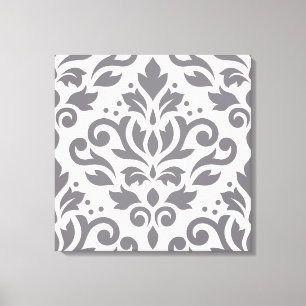 Scroll Damask Groot Ontwerp Grijs op Cream Canvas Afdruk