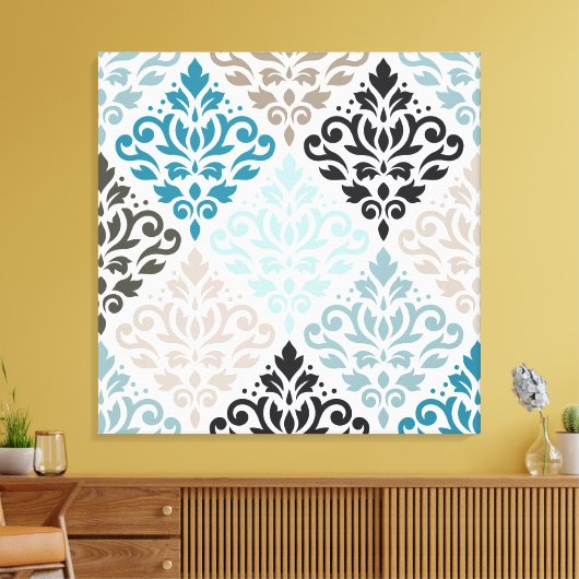 Scroll Damask Groot Patroon Teals Browns Wit Canvas Afdruk (Insitu (Woonkamer))