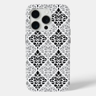 Scroll Damask Grote Patroon Zwart Grijs Wit iPhone 15 Pro Case