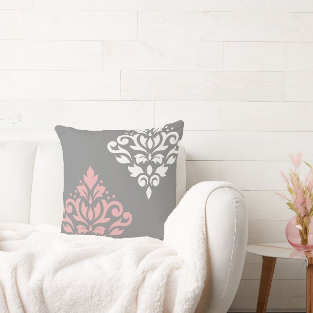 Scroll Damask Kunst I Roze Wit Grijs Kussen (Bank)