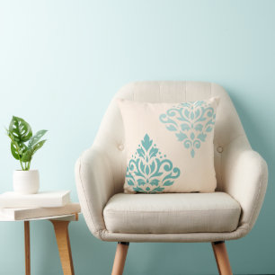 Scroll Damask Kunst I Teals op Crème Kussen