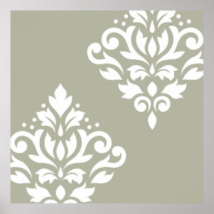 Scroll Damask Kunst I Wit op Groen Poster