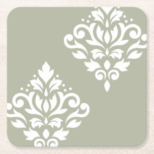 Scroll Damask Kunst I Wit op Groen Vierkante Kartonnen Onderzetter