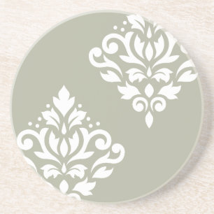 Scroll Damask Kunst I Wit op Groen Zandsteen Onderzetter