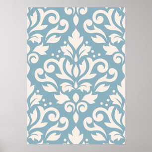 Scroll Damask Large Pattern Cream op Blue Poster