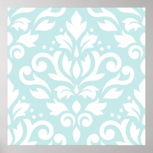 Scroll Damask Lg Design White op Duck Egg Blue Poster