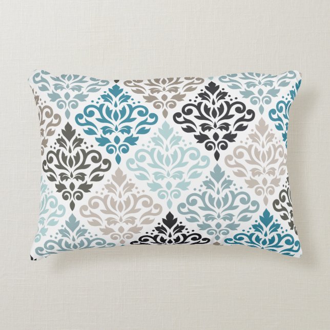 Scroll Damask LG Pattern Art Teals Bruins Wit Accent Kussen (Voorkant)