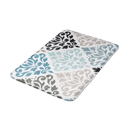 Scroll Damask LG Pattern Teals Bruins Wit Badmat (Gekanteld)