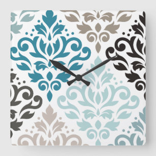 Scroll Damask Offset PTN Art Teals Bruins Wit Vierkante Klok