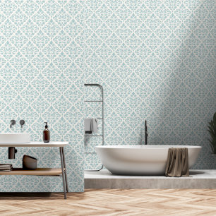 Scroll Damask Pattern Light Blauwgroen op Cream Behang